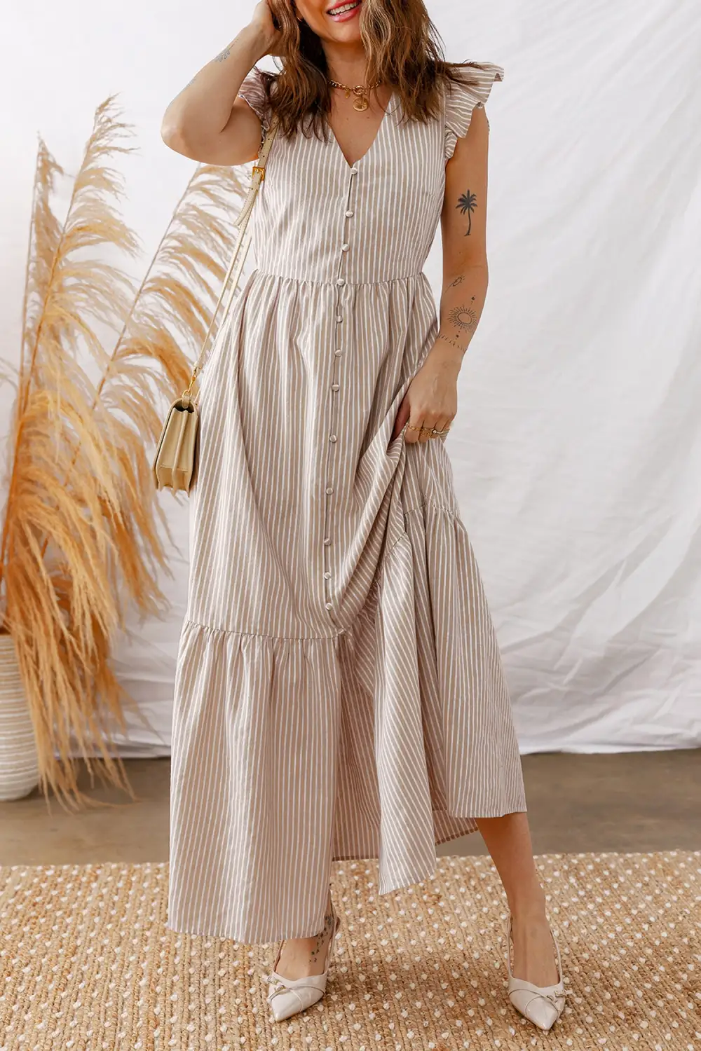 Striped Button Front Slit Maxi Dress