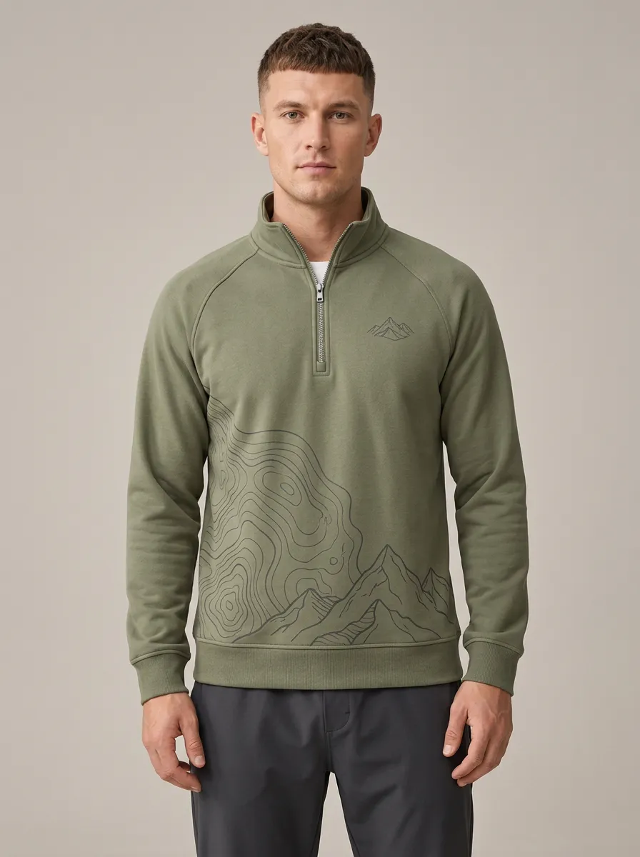 Men's Outdoor Hiking Topographic Mountain Printed Quarter Zip Sweatshirt