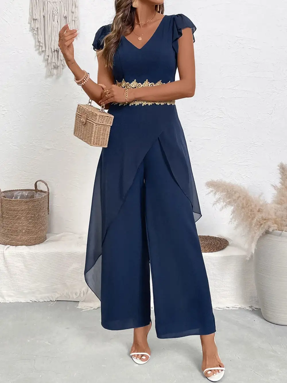 V Neck Wide Leg Jumpsuit