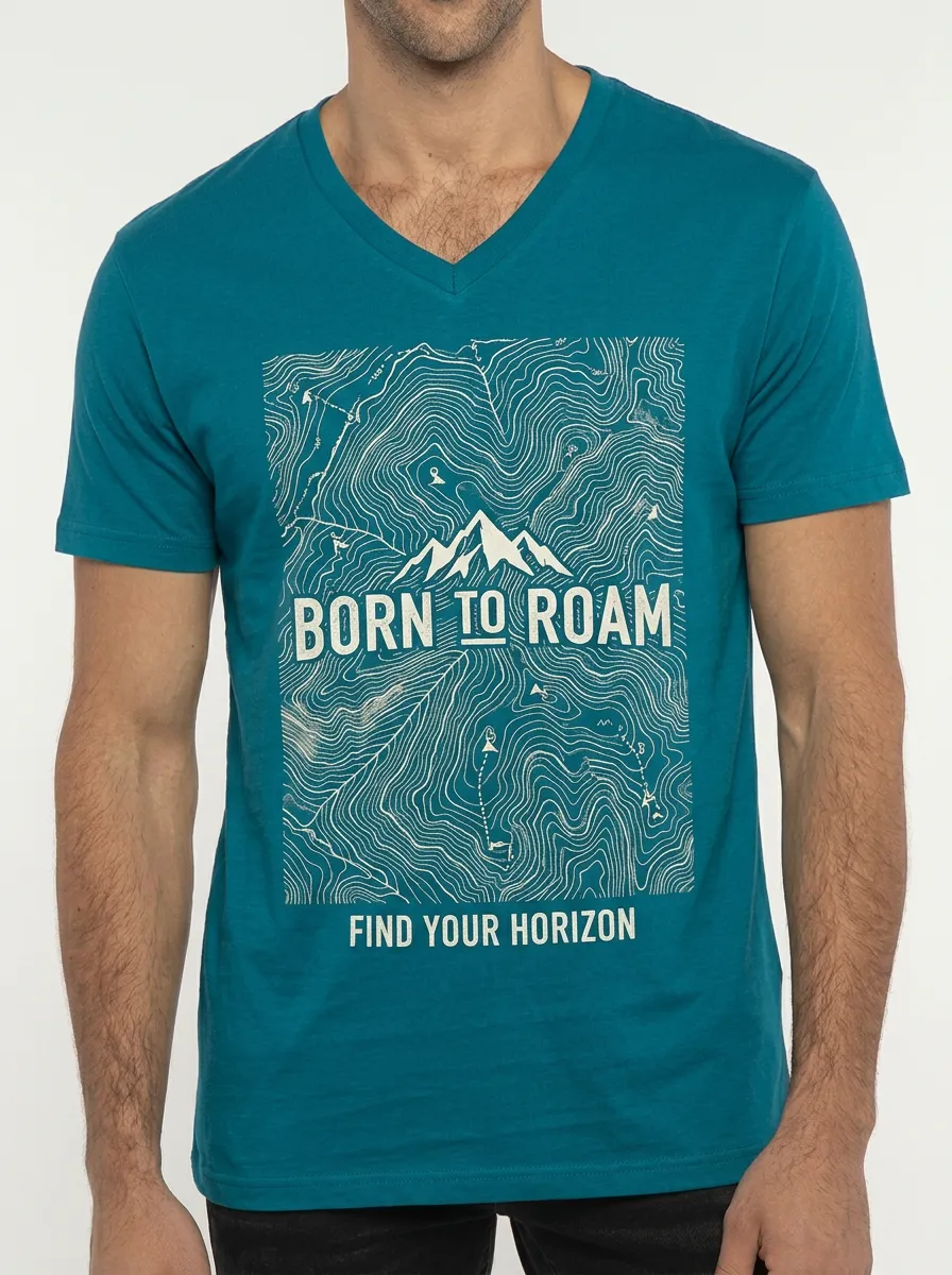 Men's Hiking Adventure Born To Roam Topographic Map Printed V-Neck T-Shirt