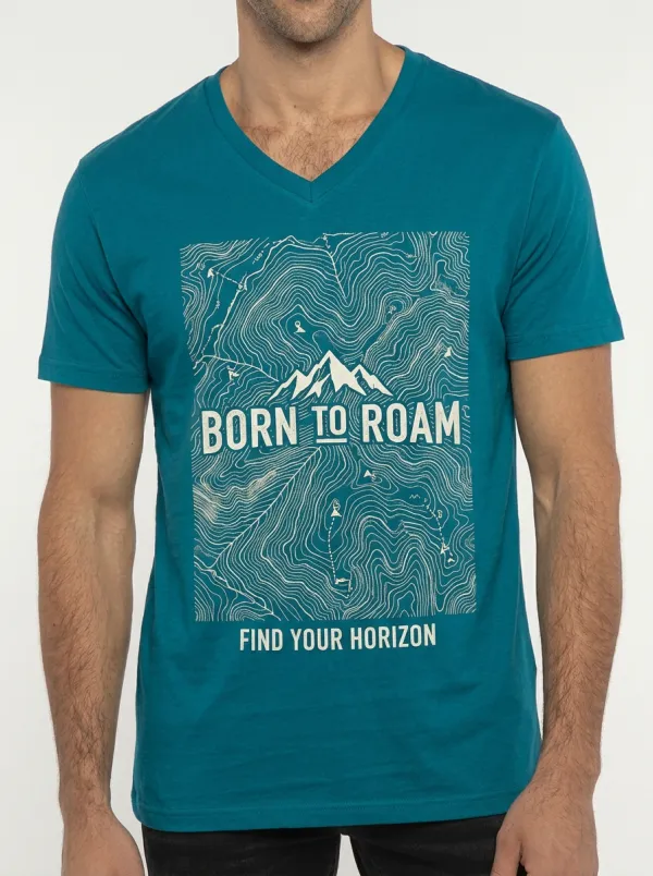 Men's Hiking Adventure Born To Roam Topographic Map Printed V-Neck T-Shirt