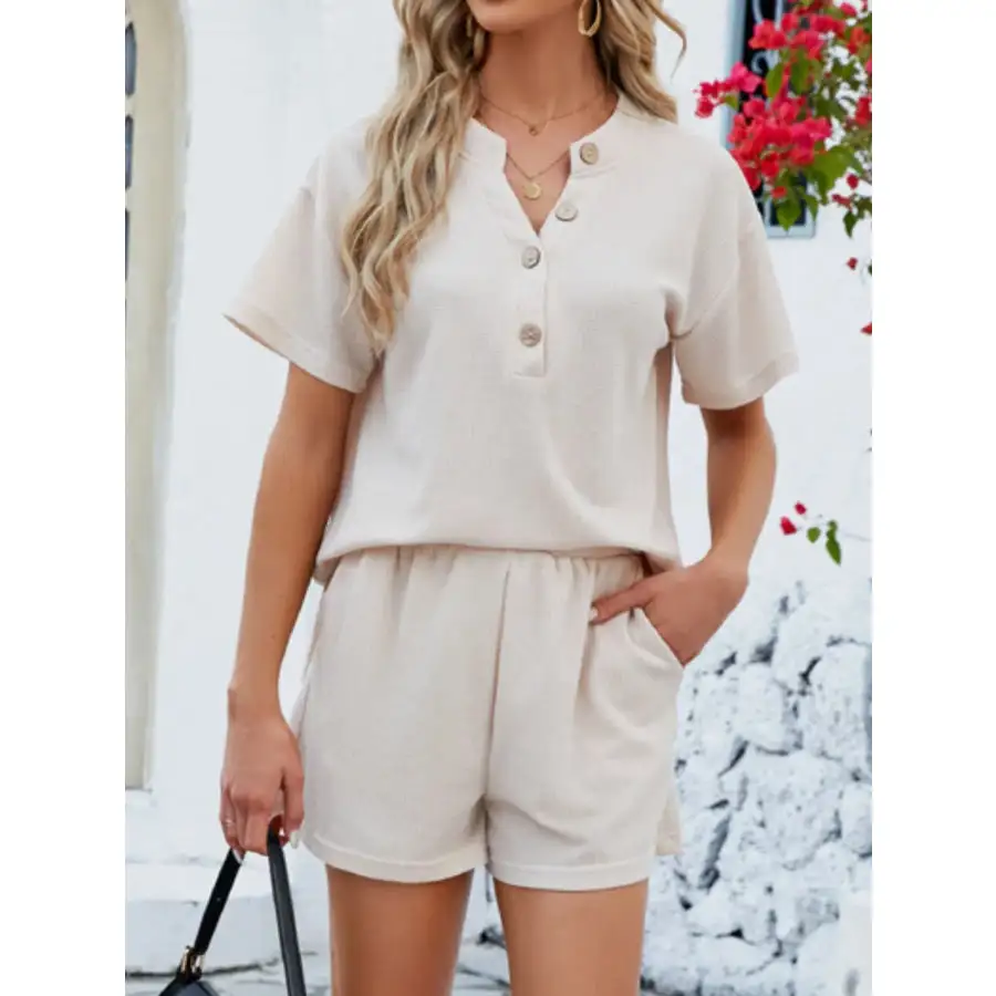 Casual Button Detail Ribbed Top and Shorts Two Piece Set