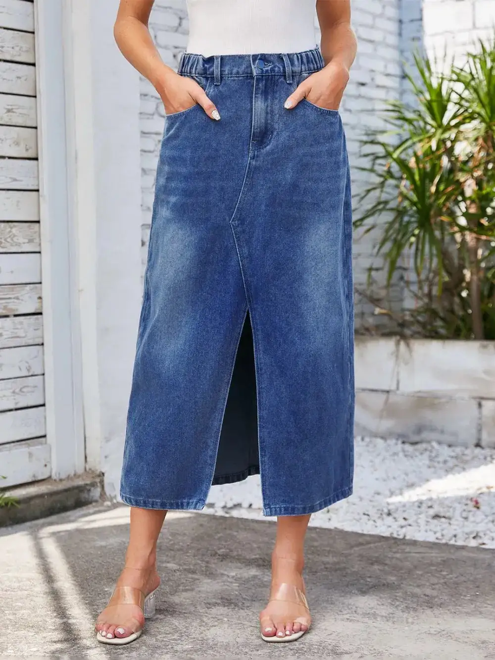 Slit Midi Denim Skirt With Pockets