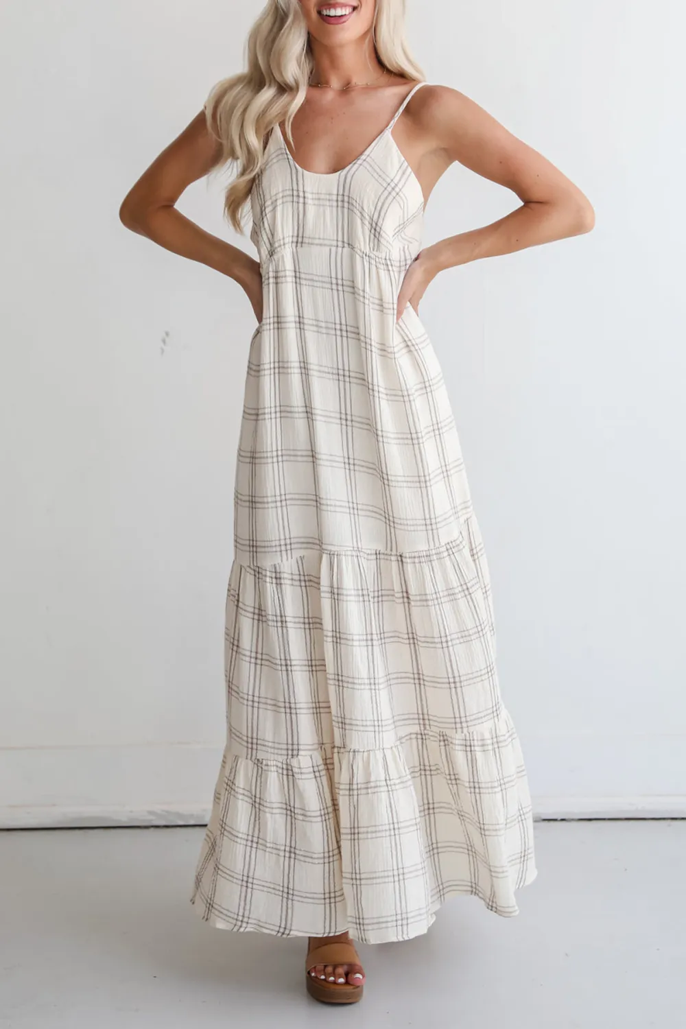 Grey Plaid Linen Maxi Dress