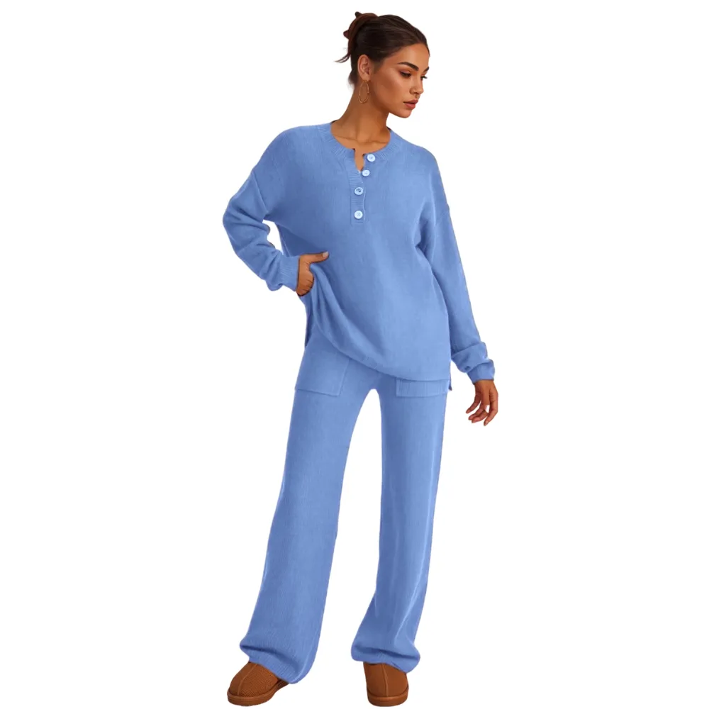 Women's Waffle Knit Loungewear Set Cozy Button Front Top & Wide Leg Pants