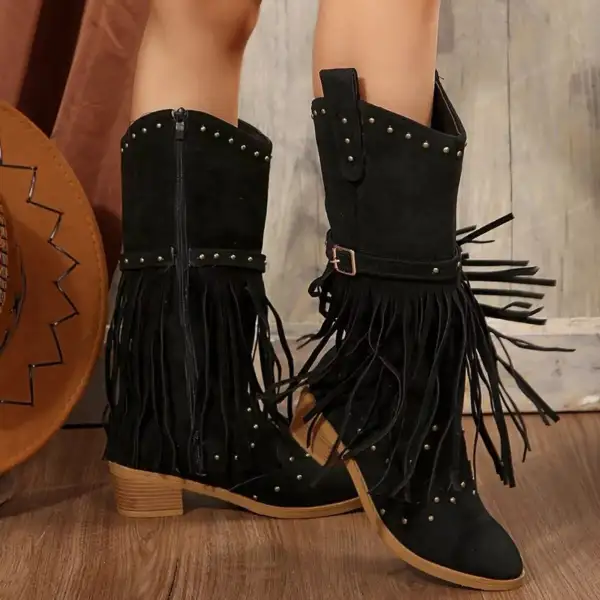 Refined Fringe Point Toe Block Heels Boots