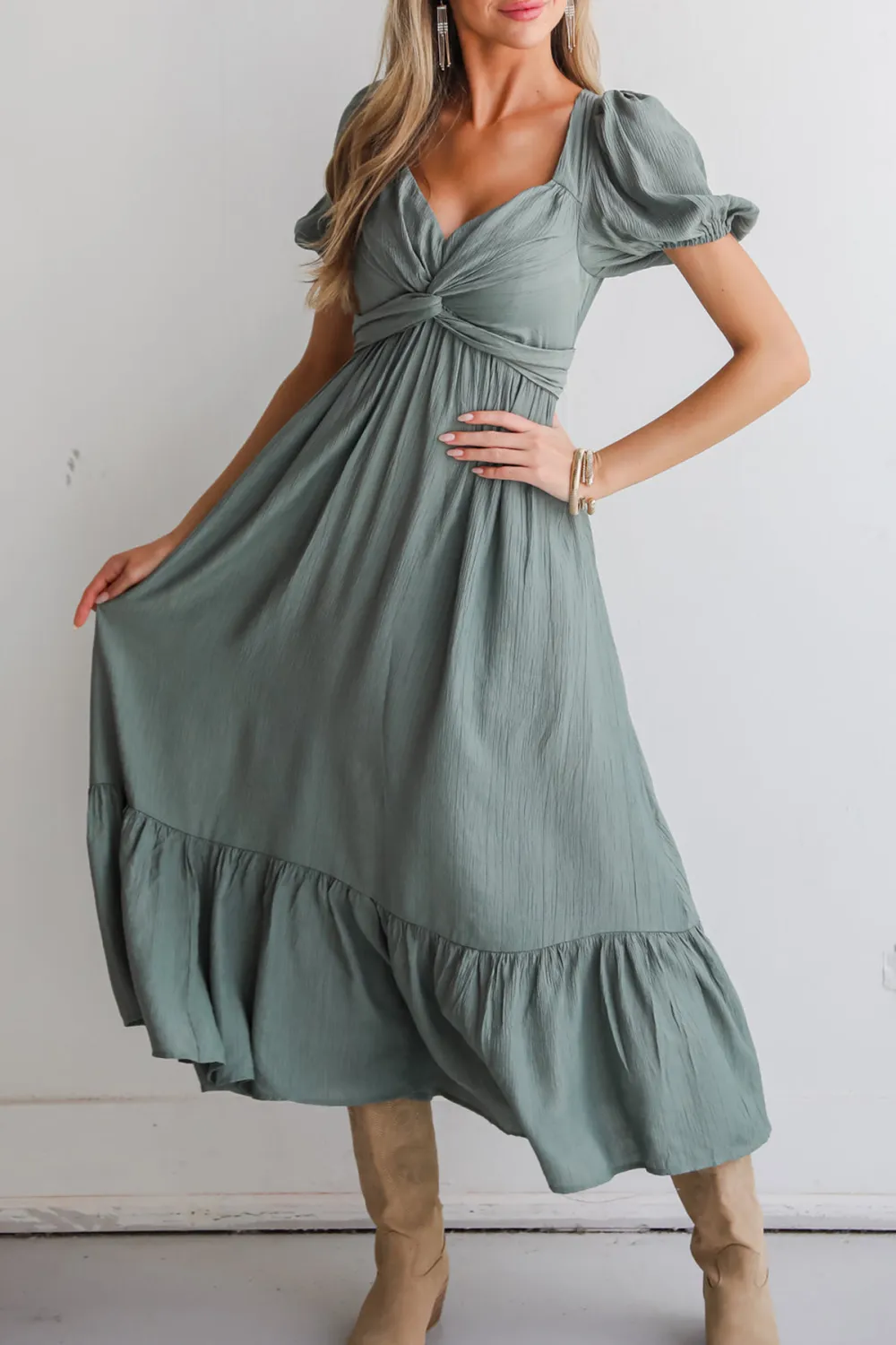 Unlined Sleeves Sage Midi Dress