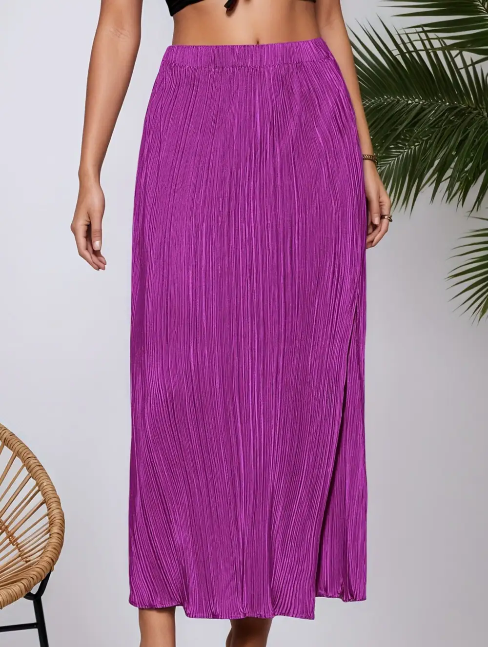 High Waist Slit Pleated Skirt