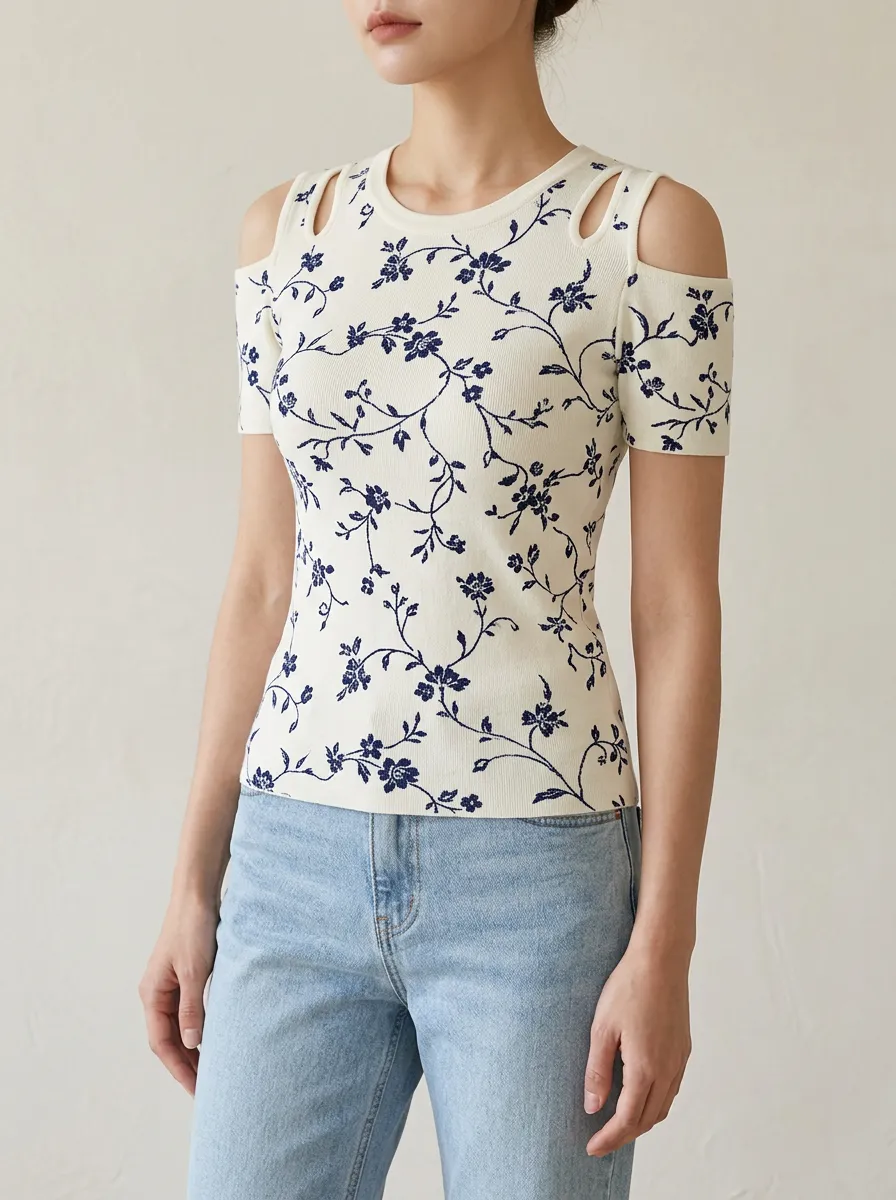 Women's Floral Vine Pattern Cold Shoulder Printed Top