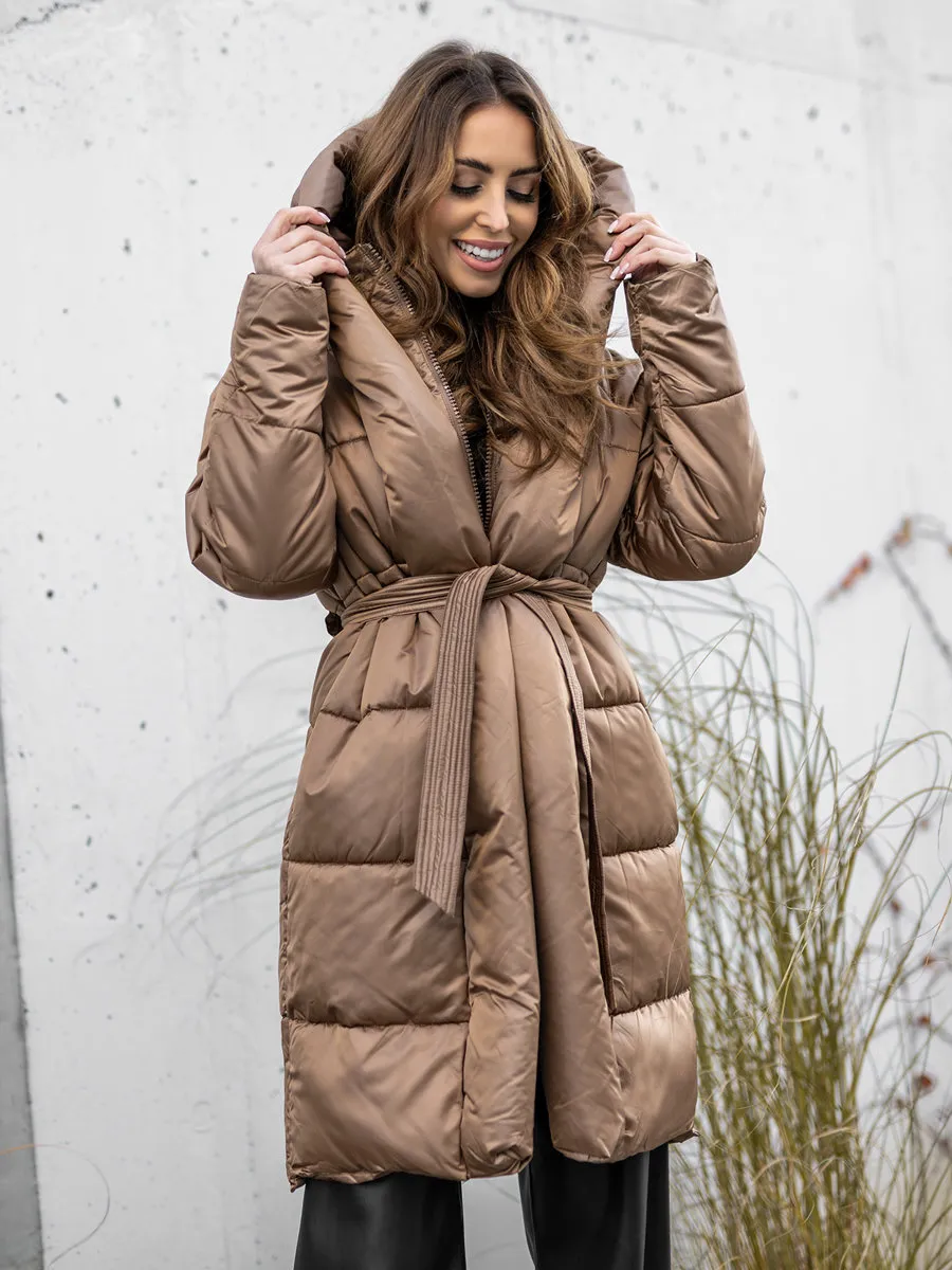 Camel women's long quilted winter jacket with hood
