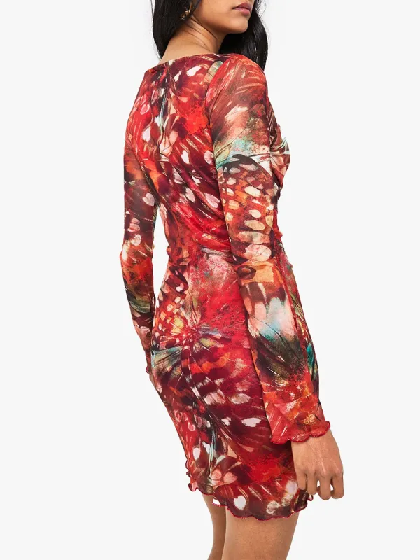 Red Floral Print Sheer Mesh Bodycon Dress