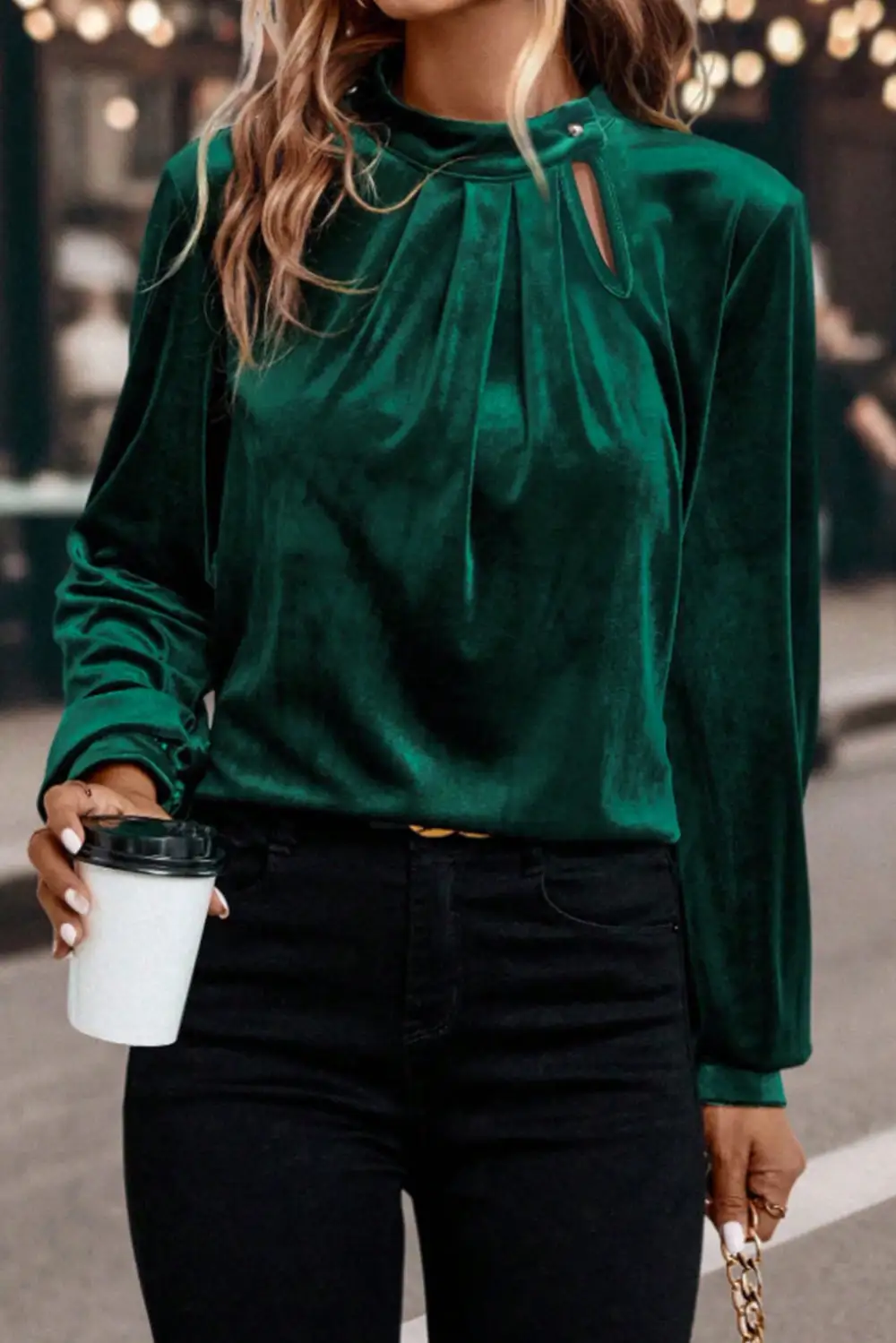 Velvet Long Sleeve Button Front Blouse