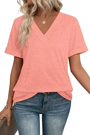 Women's Summer Short-Sleeve Basic Casual V-Neck T-Shirt 2026