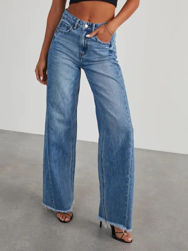 Wide Leg Frayed Hem Seam Denim Jeans