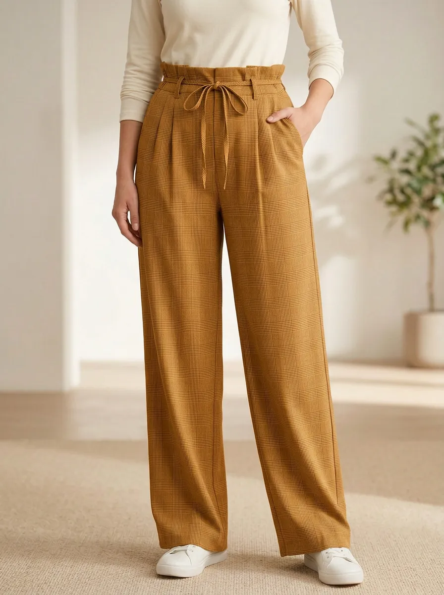 Women's Casual Plaid High-Waisted Tie-Front Print High-Rise Paperbag Waist Gathered Pants