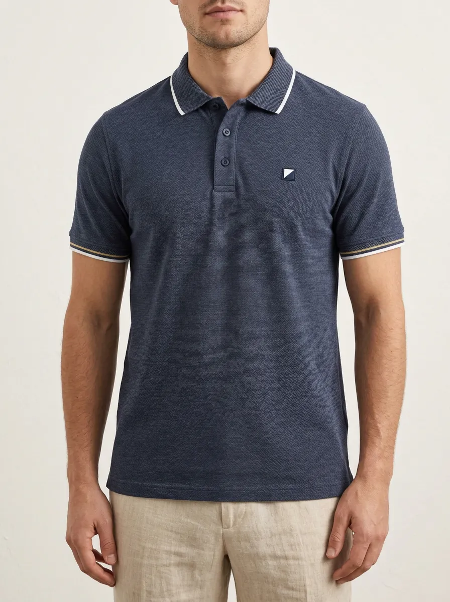 Men's Knit Ribbed Textured Tipped-Collar Geometric-Emblem Graphic Polo Shirt