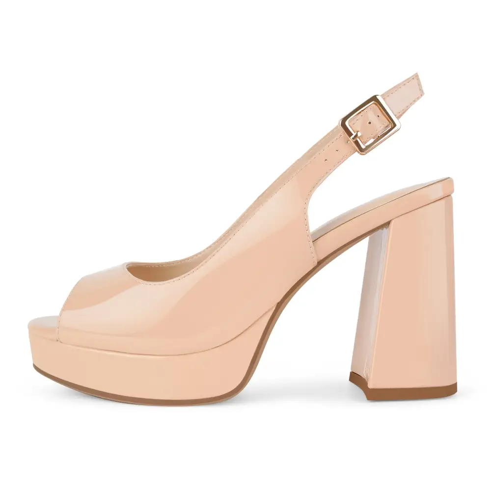 Patent Finish Peep Toe Platform Chunky Heel Slingback Pumps