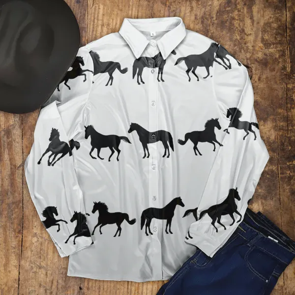 Women's Horses Print Long Sleeve Lifestyle Casual Button Shirt