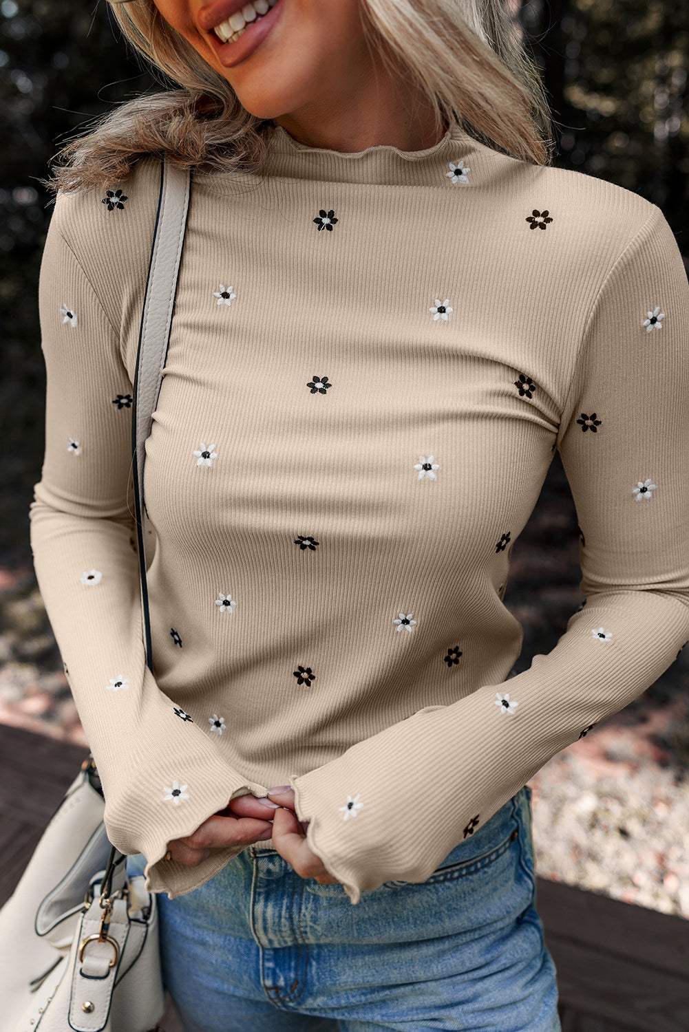 Women's Floral Print Top With Ribbed And Long Sleeve
