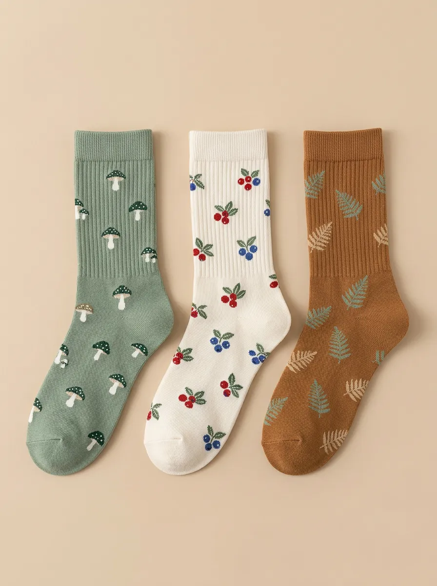 Mushroom Fern Berry Three Pair Sock Set