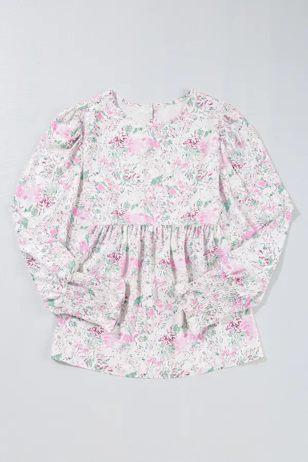 Pink Floral Print Shirred Balloon Sleeve Keyhole Back Babydoll Blouse