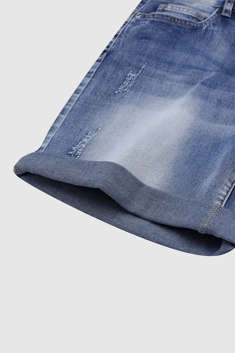 Button Fly Ripped Denim Shorts Without Belt