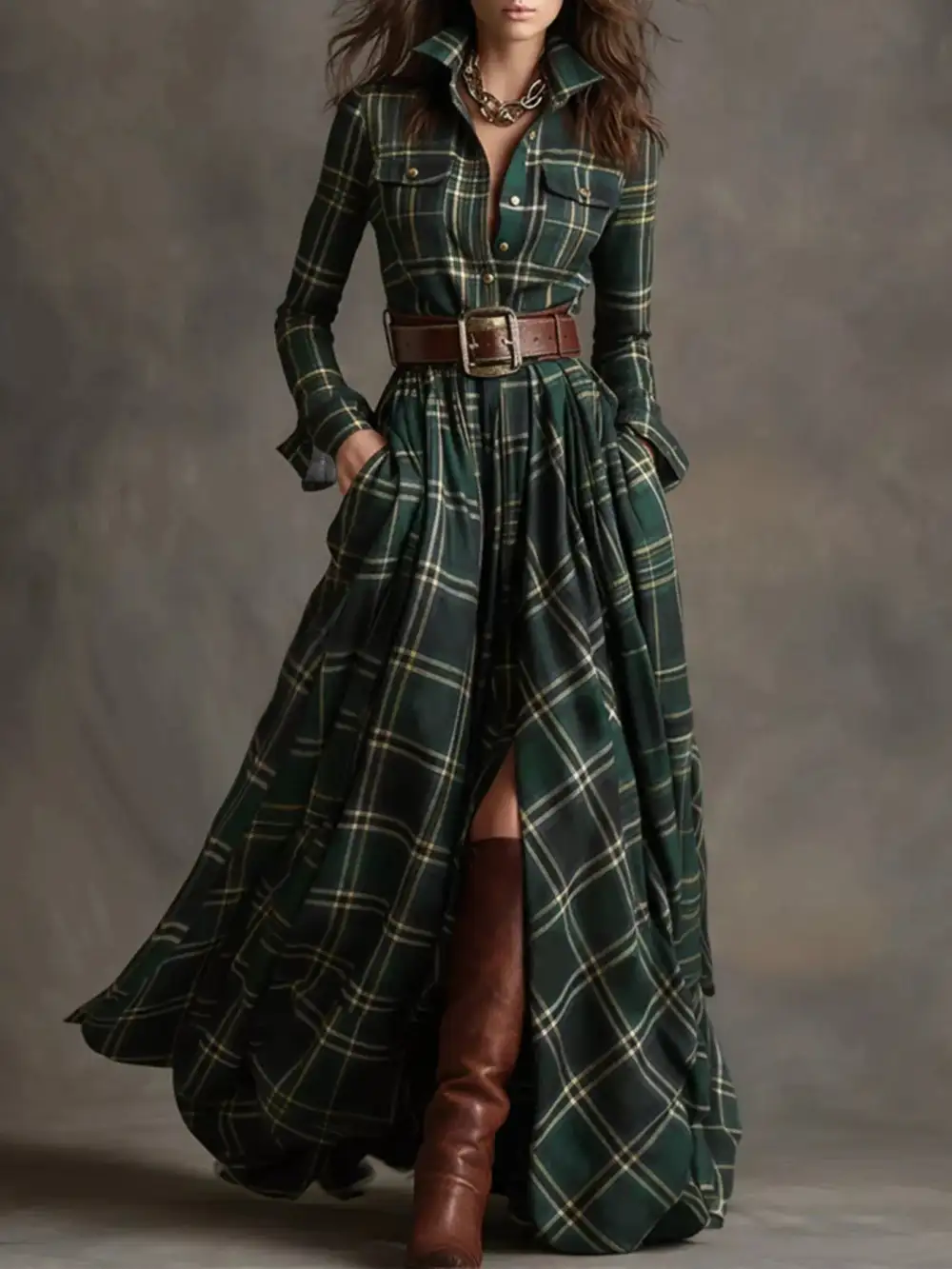 Smooth Finish Plaid Button Front Maxi Dress