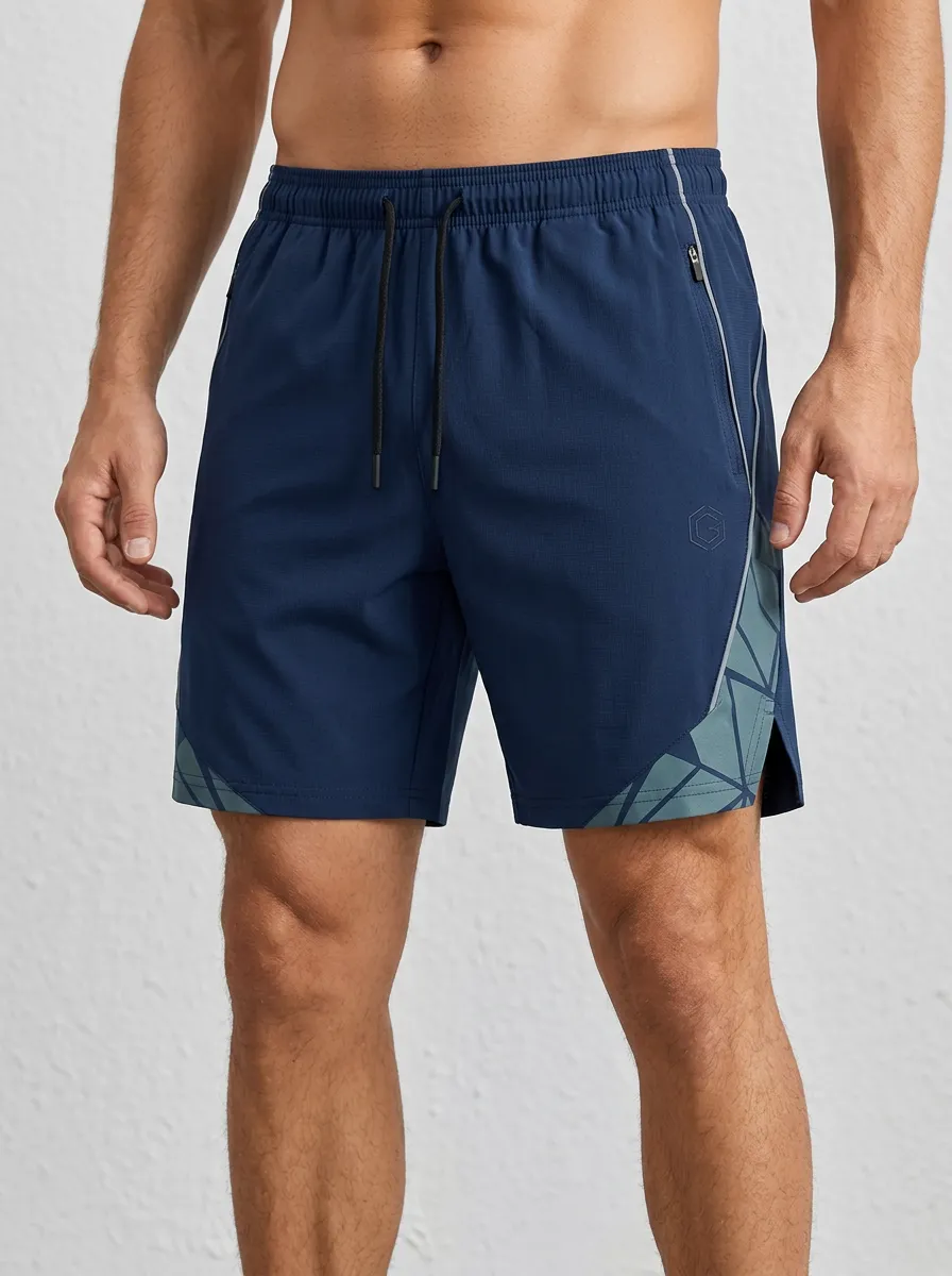 Men's Athletic Gym Geometric Panel Printed Shorts
