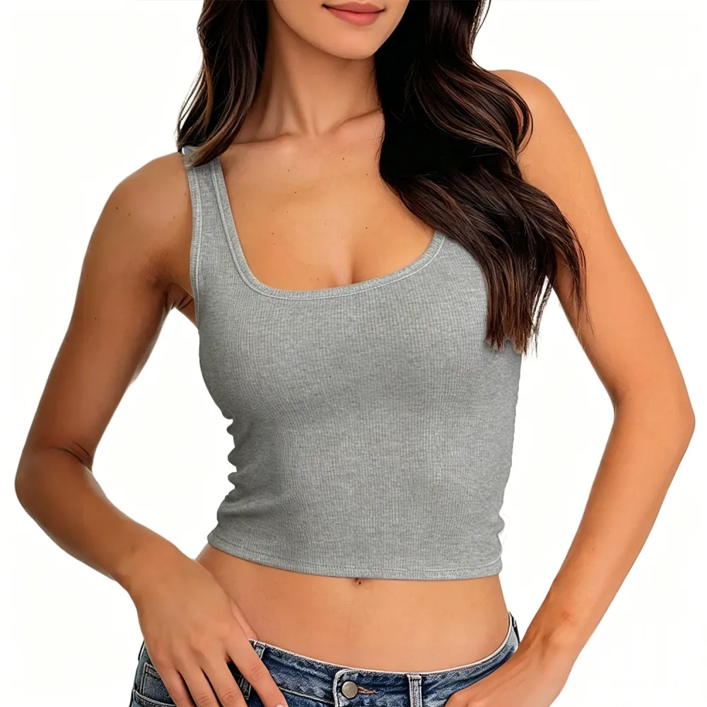 Women Rib Tank Top Padded Workout Top Square Neck Crop Tank