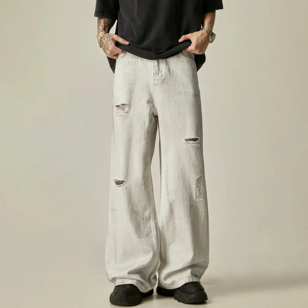 Distressed Wide-Leg Denim Jeans