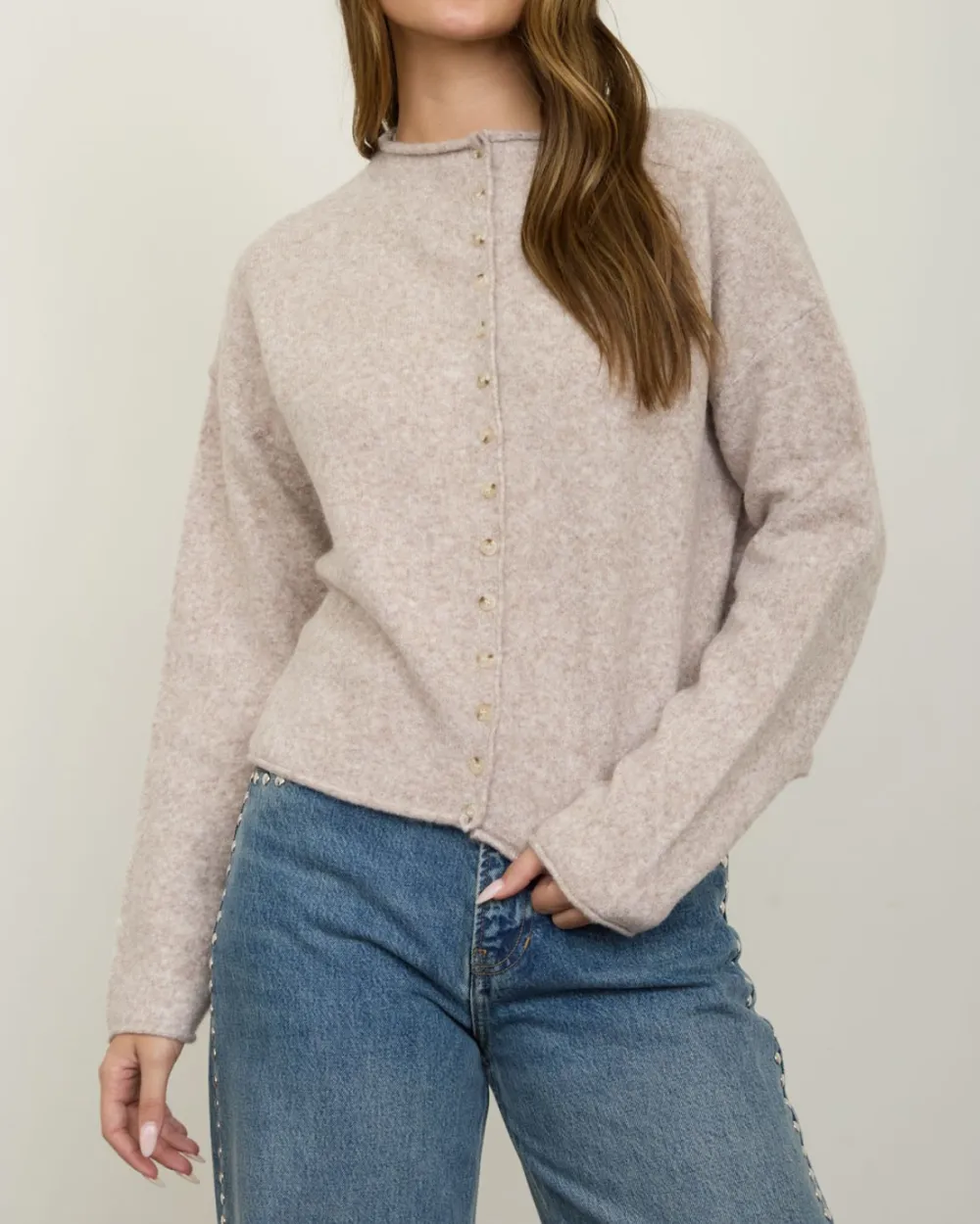 Raw Edge Mock Neck Cardigan