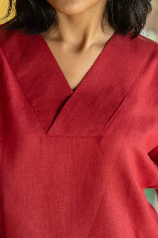 Rust Red Linen V-Neck Top