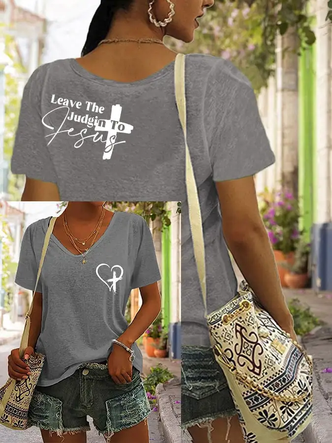 Women's Faith Cross Leave The Judgin To Jesus V-Neck T-Shirt