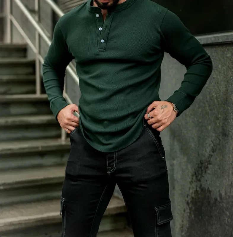 Dark Green Long Sleeve Henley Casual Shirt