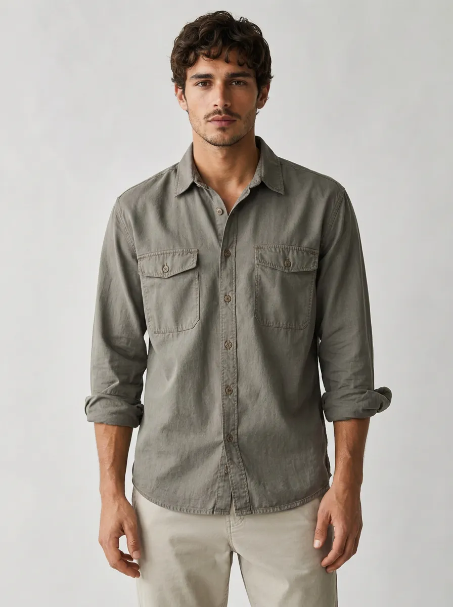 Men's Casual Outdoor Olive Green Double Pocket Button Down Shirt