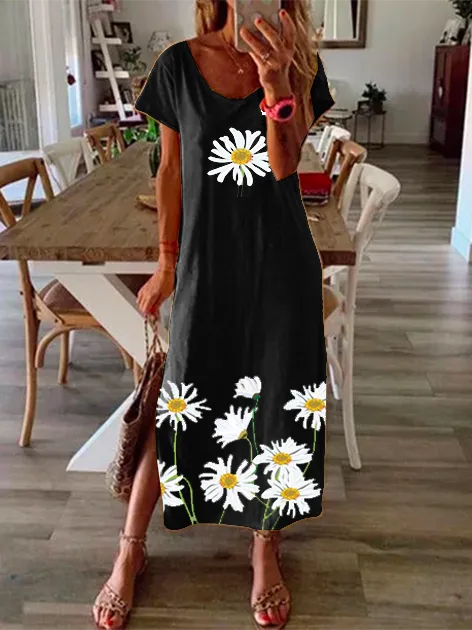 Women Vintage Floral Short Sleeve Printe Maxi Dresses