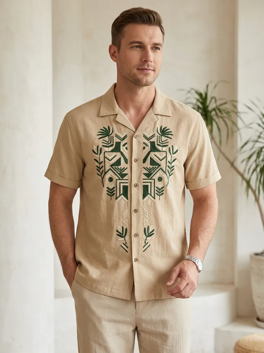 Men's Easygoing Geometric Boho Embroidered Shirt