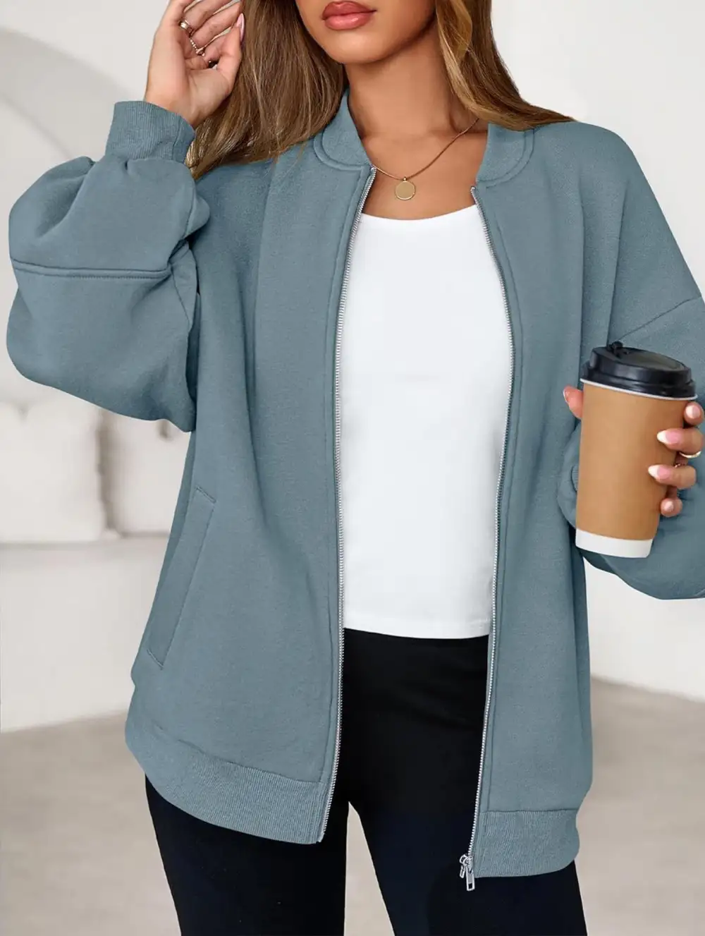 Textured Detail Zip-Up Sweatshirt Jacket