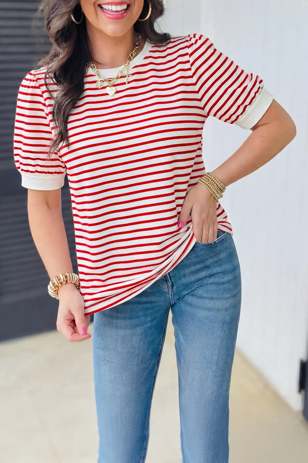 Round-Neck Puff-Sleeve Contrast-Trim Striped T-Shirt