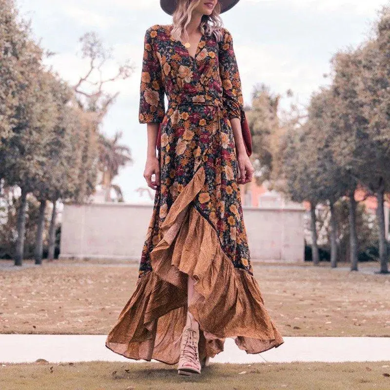 Floral Vintage Irregular Maxi Wrap Dress