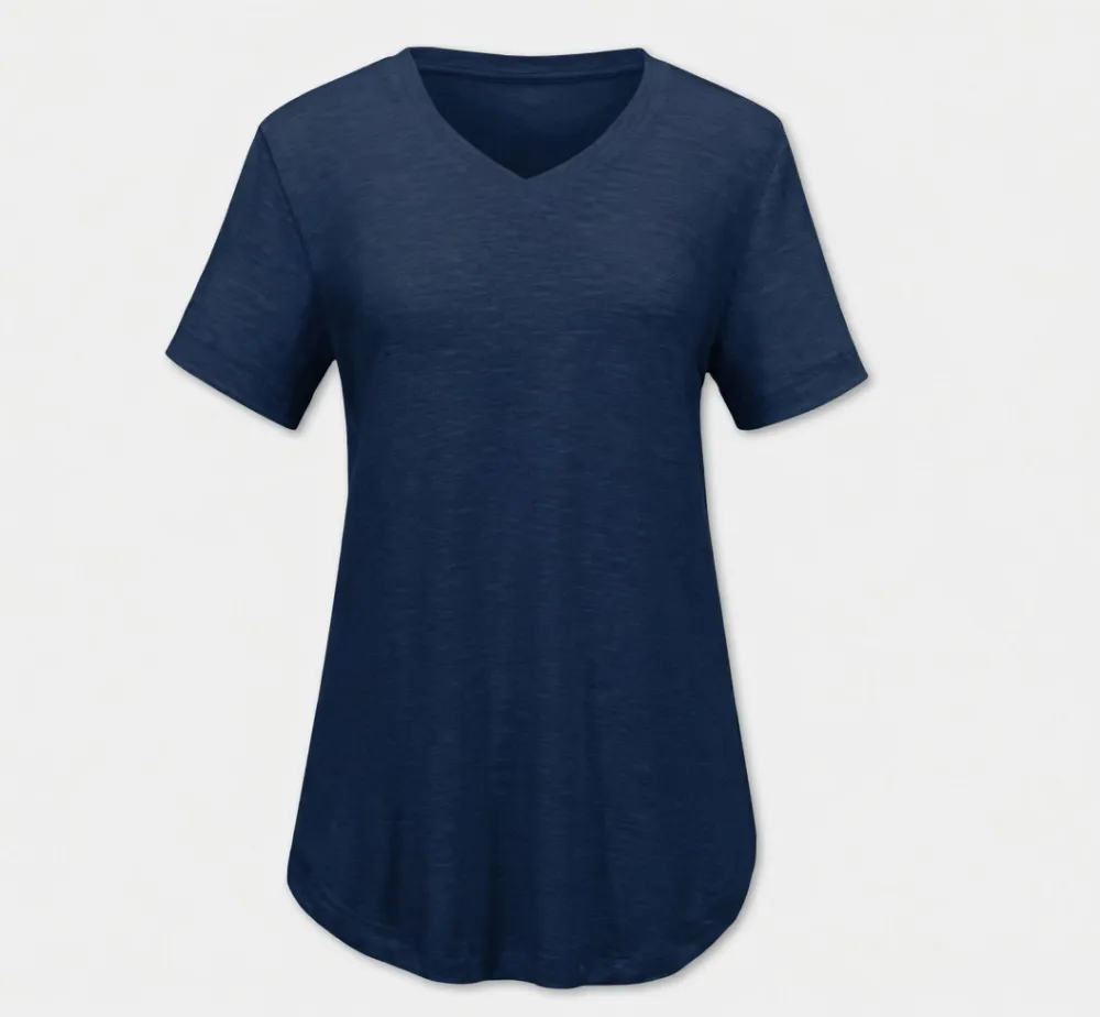 Women's Casual V-Neck Solid Color T-Shirt with Curved Hem