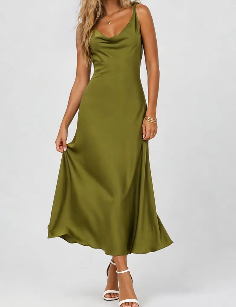 Chic Satin Cowl Neck Sleeveless Back Midi Dress