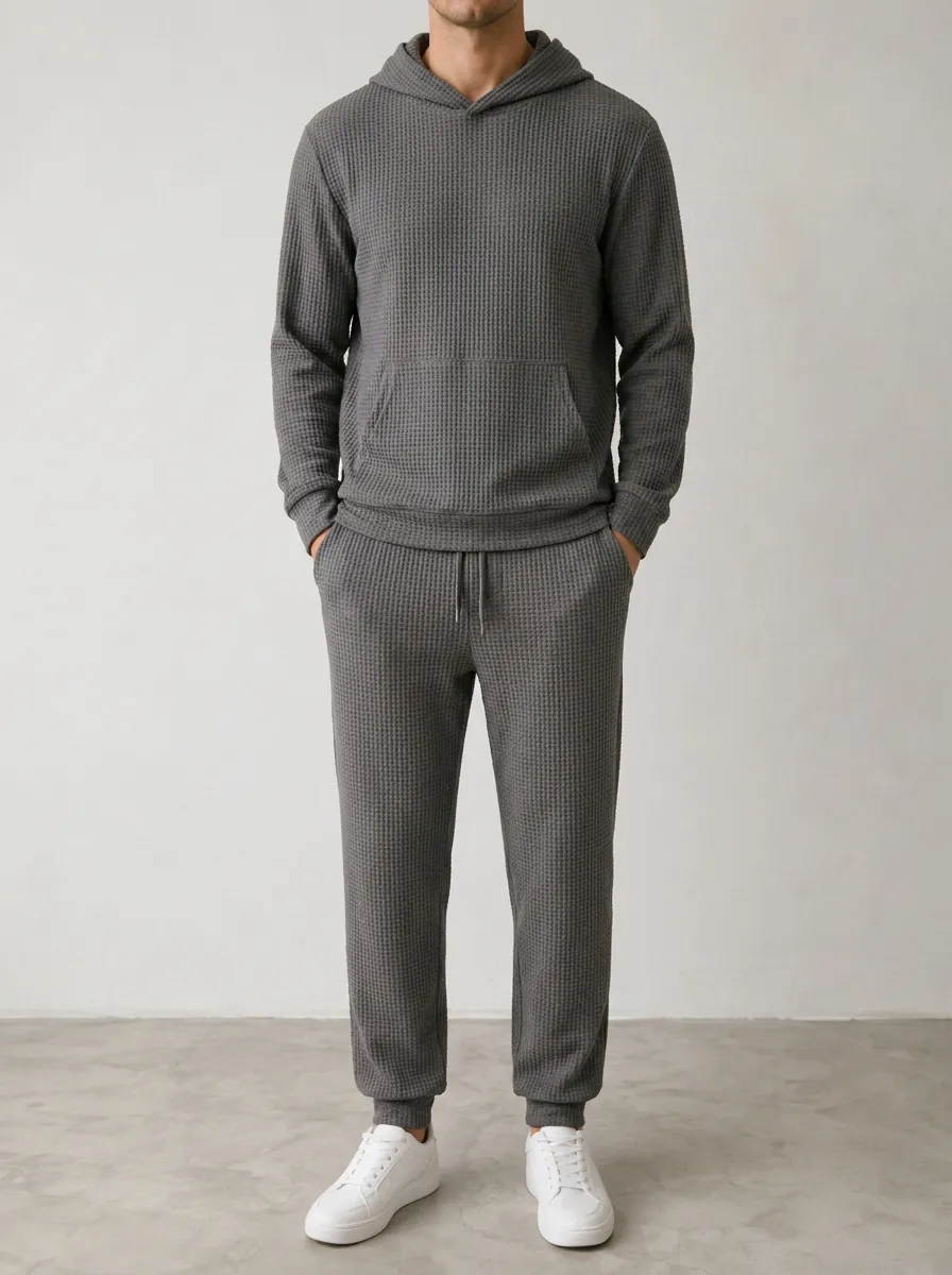 Men's Charcoal Grey Waffle Knit Hooded Pullover Top