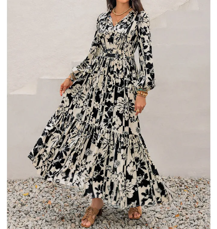 Smocked Printed Tie Neck Long Sleeve Dress