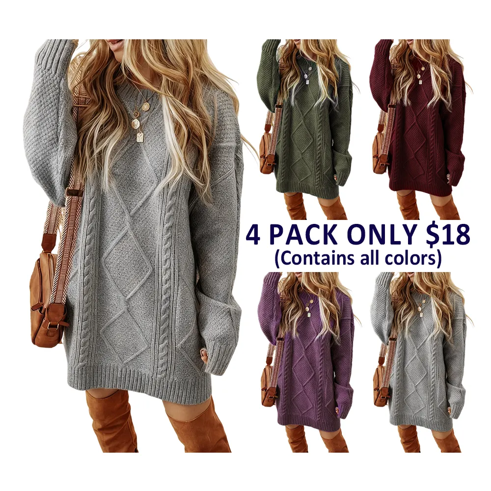 Women'S Round Neck Long Sleeve Sweater Dress Casual Loose Fit Cable Knit Pullover Mini Dress
