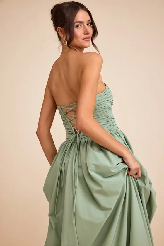 Marilou Light Yellow Strapless Ruched Lace-Up Maxi Dress