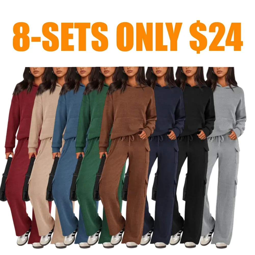 Womens Fall Outfit 2-Piece Knitted Sets Hoodie Tracksuits Wide Leg Pants With Pocket