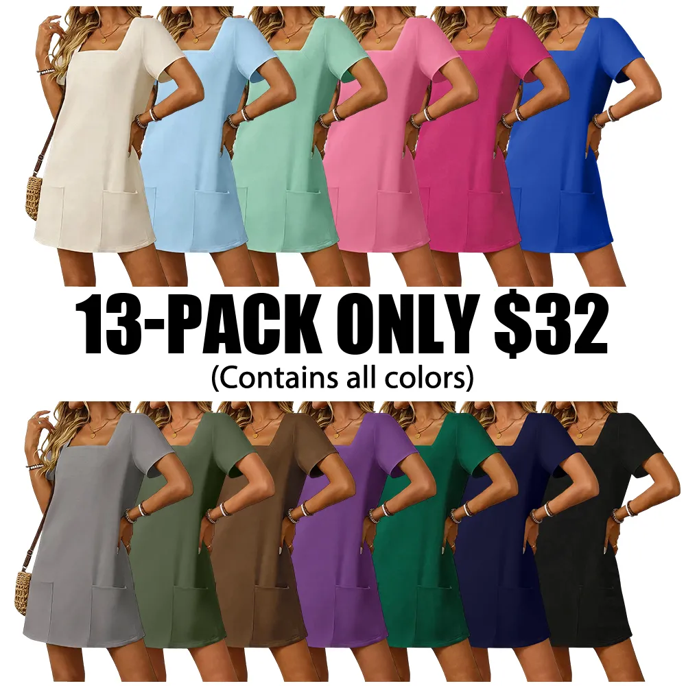 🔥Hot Sale💥Women's Solid Color Square Neck Slim Dress🔥13-PACK - All Colors Included