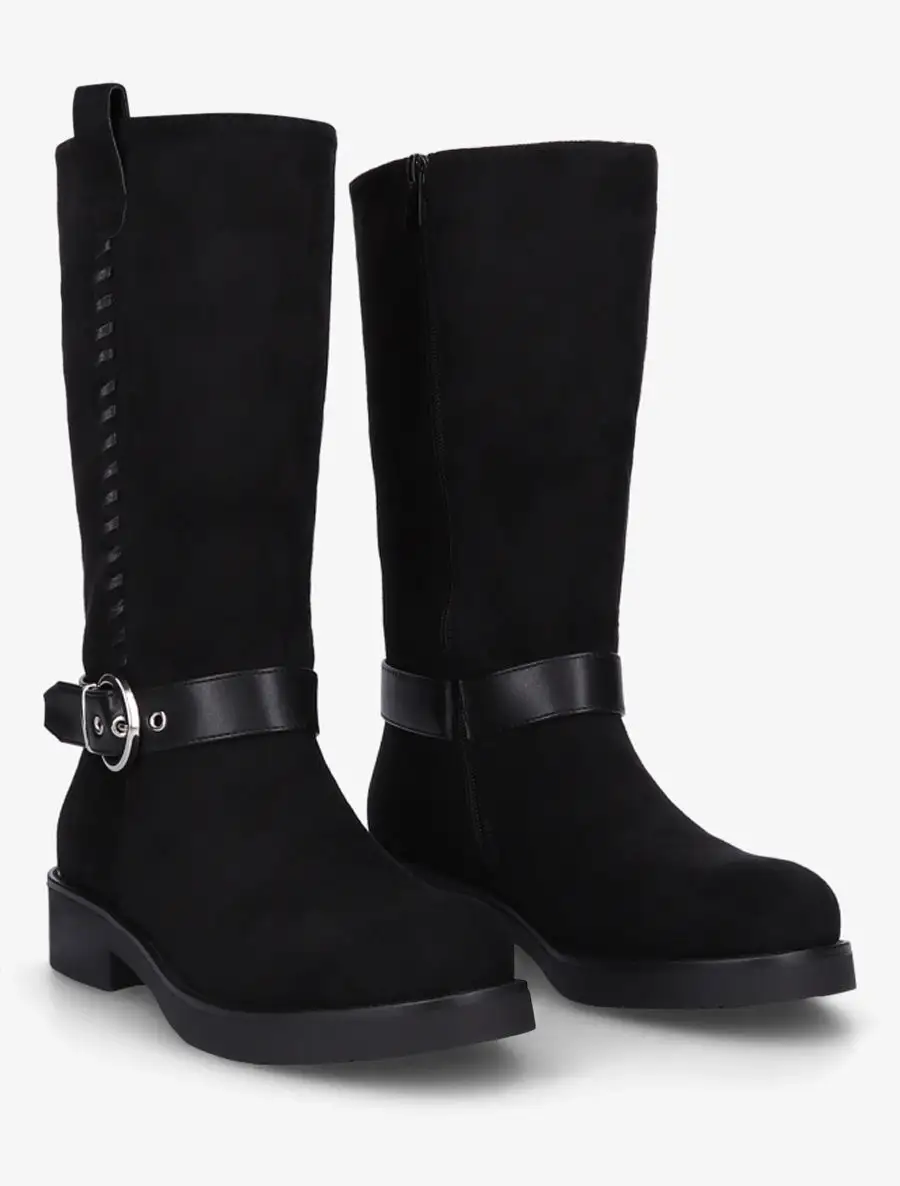 Classic Strap Detail Block Heel Faux Suede Knee High Boots