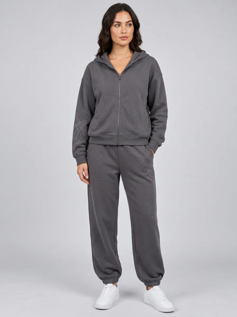 Women's Charcoal Cuffed Joggers Zip-Up Hoodie Jacket & Jogger Set